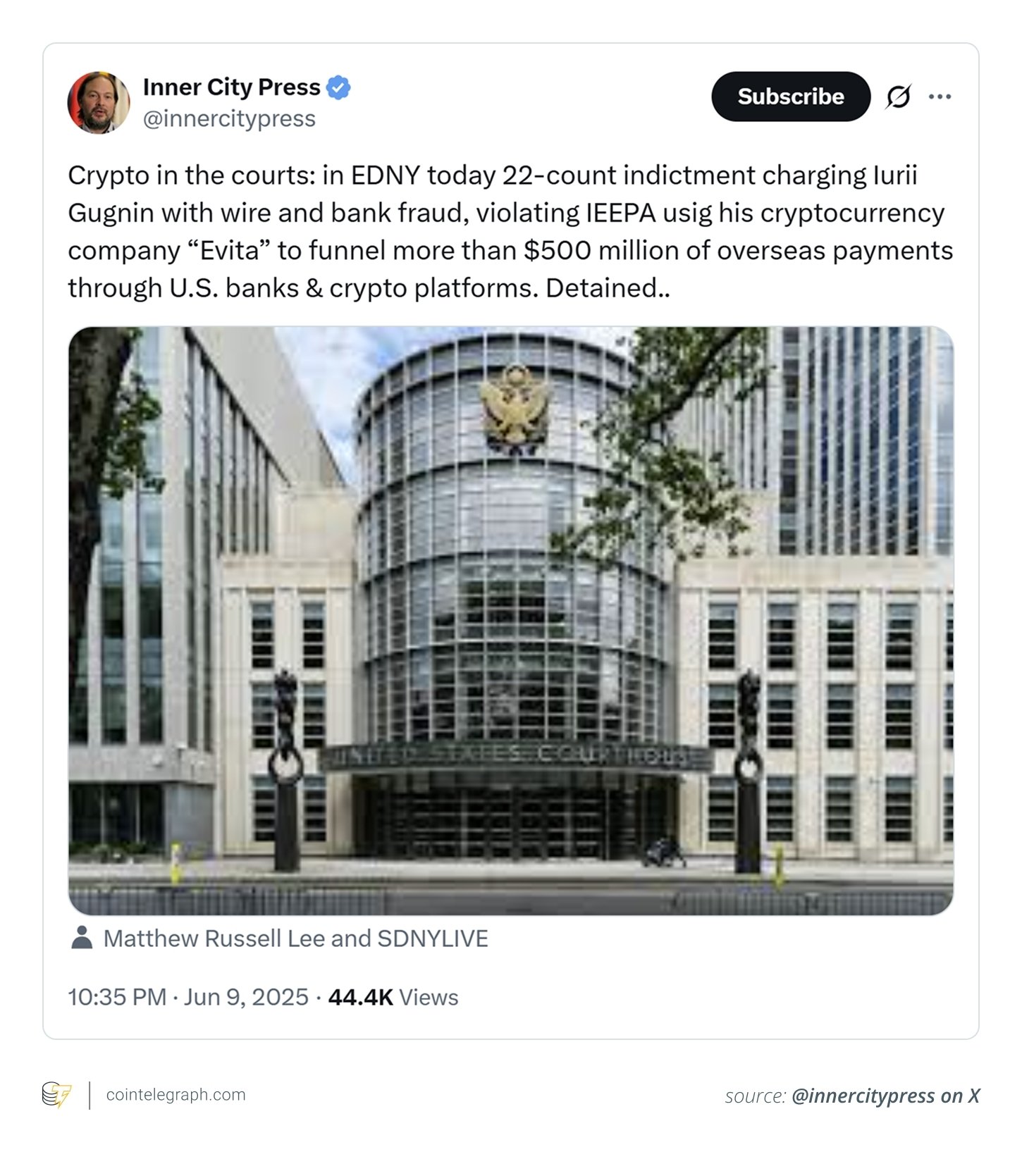 Gugnin charged with 22-count indictment in the Eastern District of New York (EDNY) court