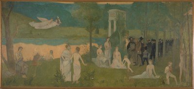 A painted landscape showing people in various states of undress in a park.