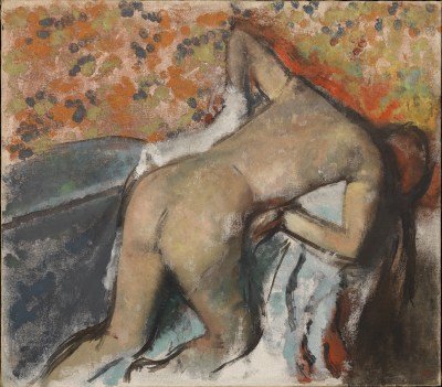 A painting of a nude woman drying herself with a towel.
