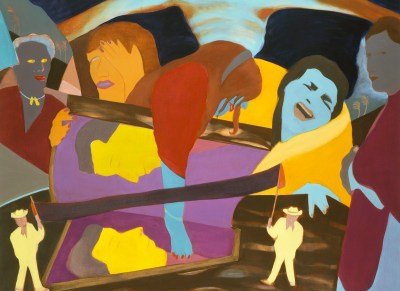 A painting of multiple colliding figures.