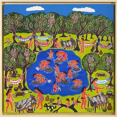 A painting of people fishing in a lake amid bright green trees.