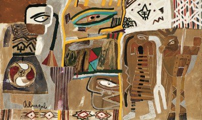 A painting of eye-shaped forms amid scattered abstracted figures.