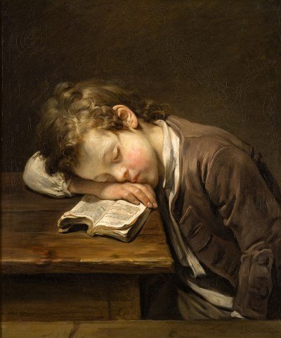 A painting of a boy sleeping at a desk with an open book on it.