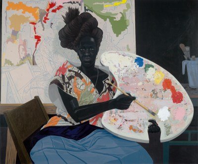 A painting of a black-skinned Black woman who holds a large palette before an easel. On the easel is a paint-by-numbers canvas.