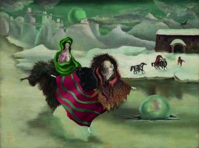 A painting of a figure in a green shawl with her breasts bared riding on the back of a three-headed figure covered in a red blanket. The figure skates along an iced-over lake beside a snowy bank lined with horses.