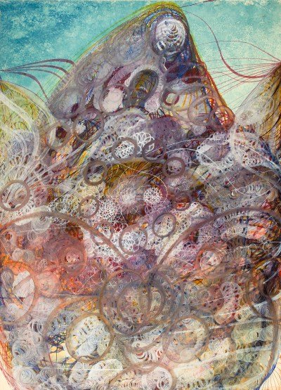 A painting of an abstracted figure rising from a mass of swirls.