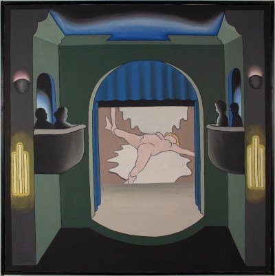 A painting of several people in box seats at a theater watching a projection of a nude woman with an arm grabbing her leg.