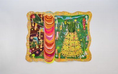 An abstract painting with a row of pink and red swatches running down its center.