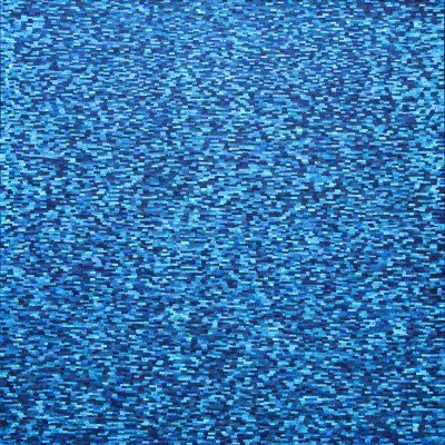 An abstract painting composed of little blue lines in varying shades.