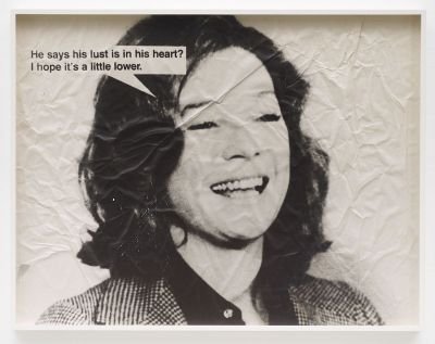 A crumpled picture of a laughing woman with a speech bubble reading 'He says his lust is in his heart? I hpoe it's a little lower.'