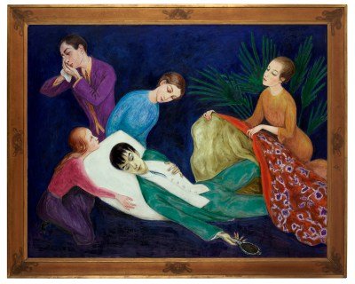 A painting of several people attending to a dying person wearing a green tuxedo.