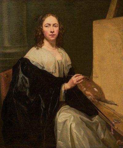 A painting of a woman sitting beside her easel and pointing a brush to it.