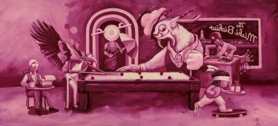 A purple-toned painting of a large cat-headed figure at a billiards table. A person types at a typewriter nearby.