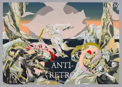 A print showing layered images of people tumbling through space. At the center is text reading 'ANTI-RETRO.'