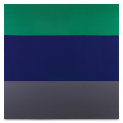A painting divided into three big stripes of green, blue, and grey.