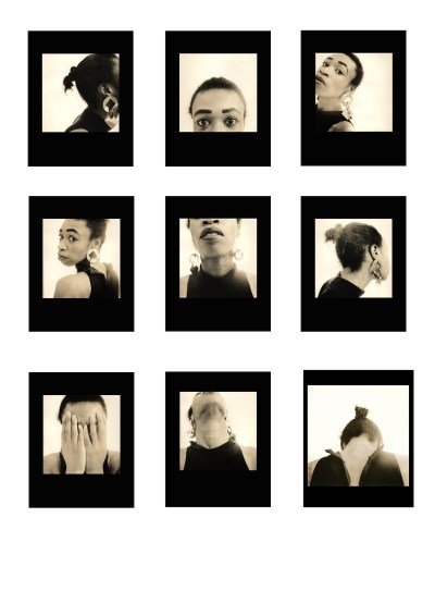 Nine photographs of a Black woman staring back at her camera.