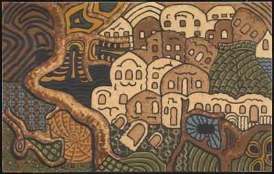 A painting of a group of buildings clustered together amid wavy patterns in shades of brown.