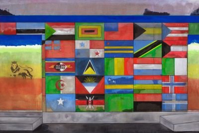A painting of a wall emblazoned with a grid of national flags.