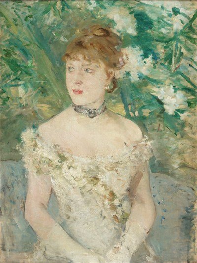 A painting of a woman in a gown rendered in brushy strokes.