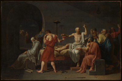 A painting of a man in a toga on a bed with one finger pointed up. Some people around him listen as he speaks while others cover their faces in grief.