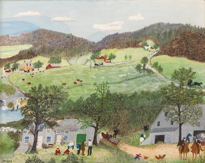 A rural landscape with little houses set among treed hills. People can be seen tending the land in front of one house.