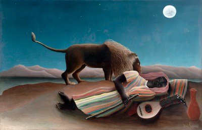 A painting of a lion walking through a desert and nosing against a sleeping black-skinned woman lying next to a guitar.