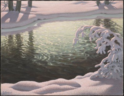 A painting of a river running through a snowy landscape.