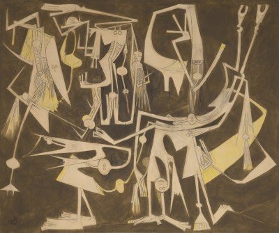 A painting of arcing white figures with elongated bodies and narrow heads against a grey background.
