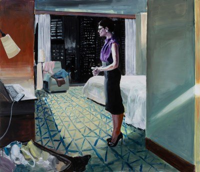 A painting of a woman in business casual attire standing in a hotel room and looking at a glowing screen.