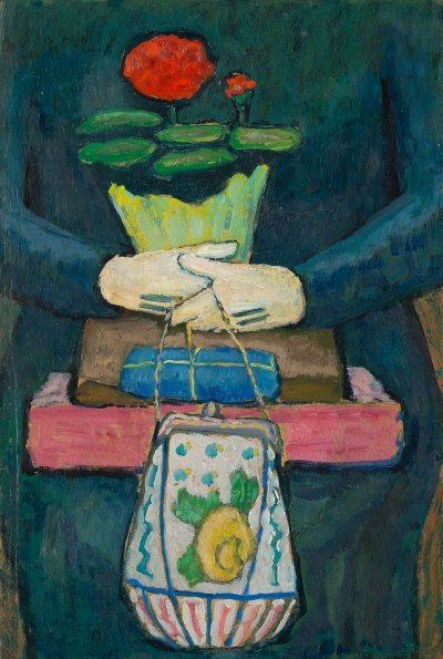 A painting of a pair of hands holding a flower in a pot and several bags on a lap.