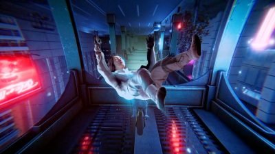 A digitally rendered person floating above an upside-down city street.