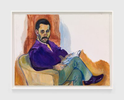 A painting of a man sitting cross-legged in a chair and holding a book.