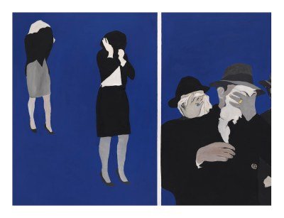 A painting of people hiding their faces.