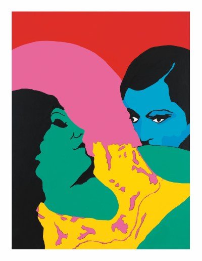 A painting of a green woman with a blue face pressed against her shoulder.