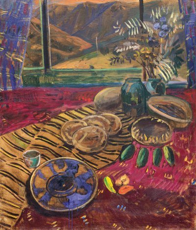 A still-life painting of a table with four flatbreads on it. 