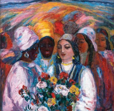 A colorful painting of women of different skin tones. One woman holds a large bouquet of flowers. 