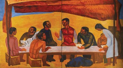 A painting showing various people gathered at a table in a desert landscape. Their face's have a Cubist-rendering. 