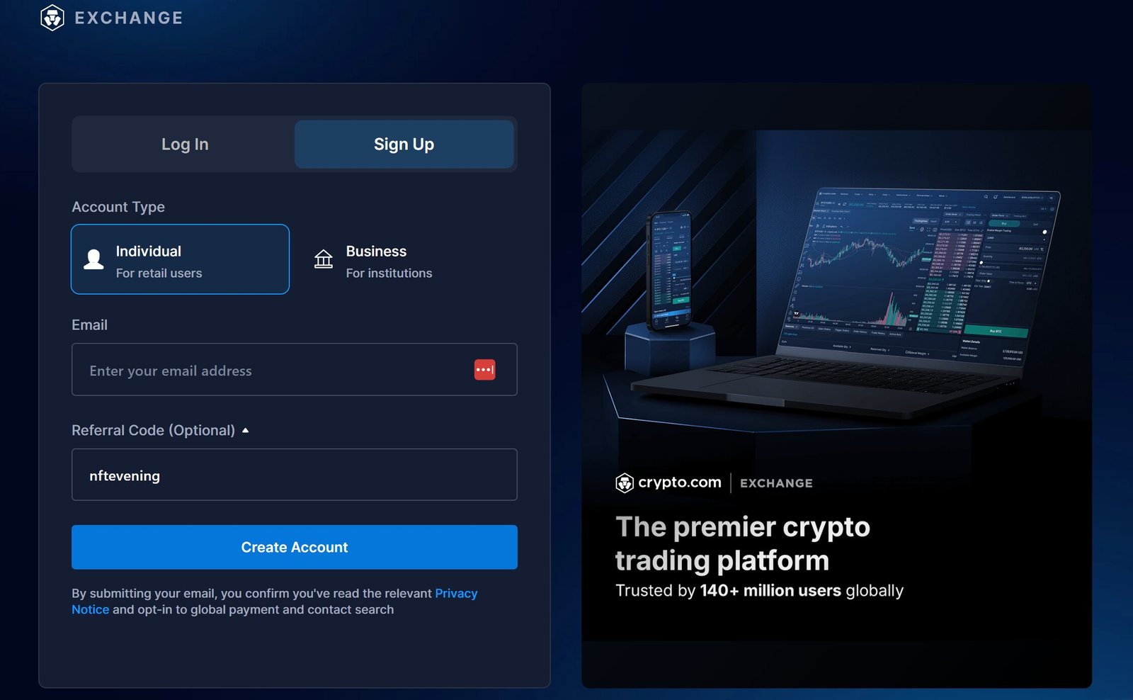 Create a Crypto.com exchange account with a referral code.