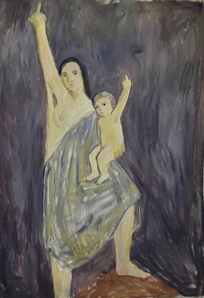 A painting of a woman in a wrap with one breast bared holding a child. Both the child and their woman raise a hand and hold up their middle finger.