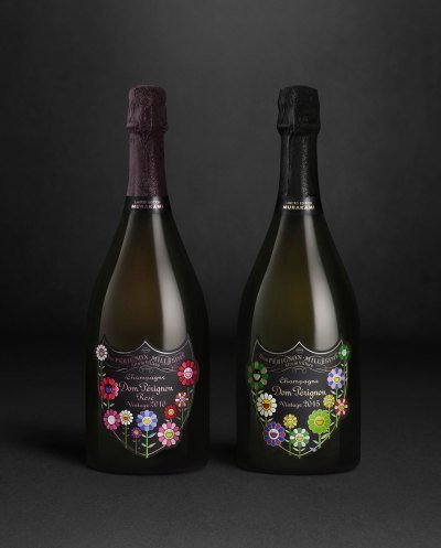 Two champagne bottles with labels designed by Takashi Murakami. 