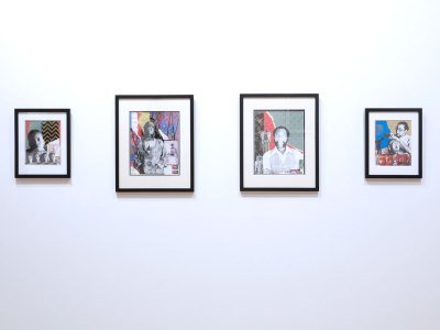 View of form photo-based collages hanging on a wall. 
