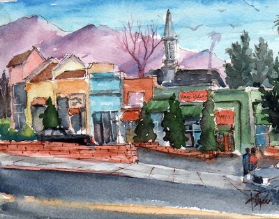 A watercolor showing a streetscape in Altadena with purple mountains in the background. 