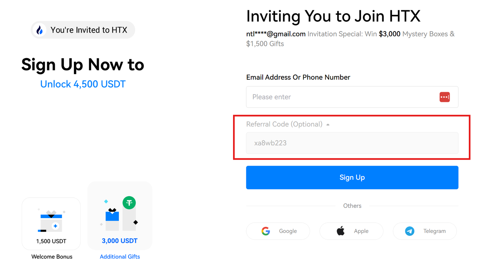 Create an account on HTX using the referral code.