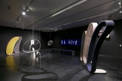 A darkened gallery with filled with amoeba-shaped sculptures that are shown freestanding.